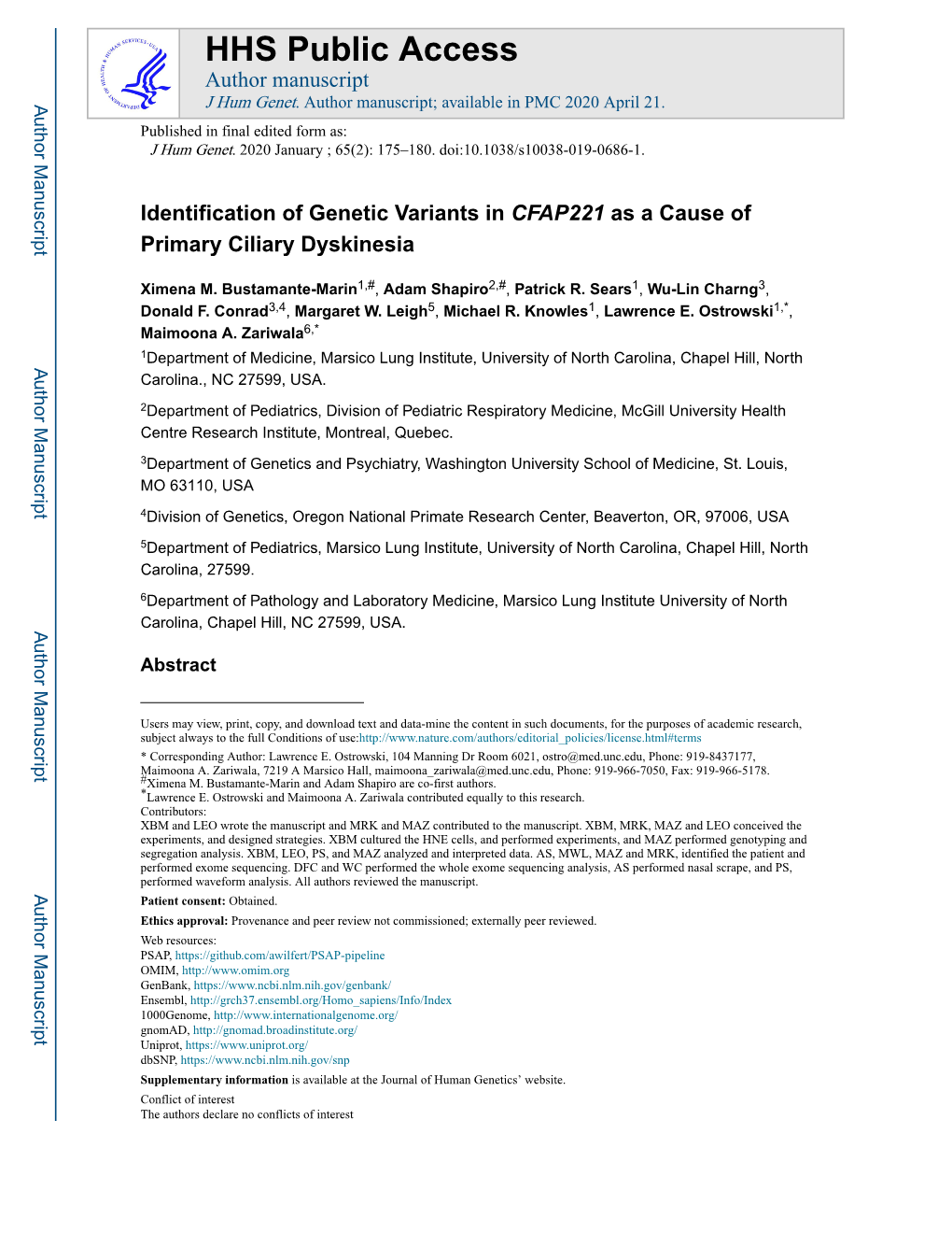 Identification of Genetic Variants in CFAP221 As a Cause of Primary Ciliary Dyskinesia