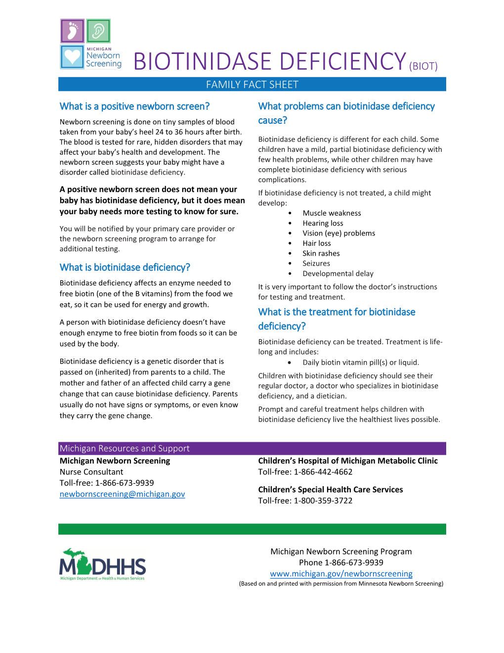 Biotinidase Deficiency (Biot) Family Fact Sheet