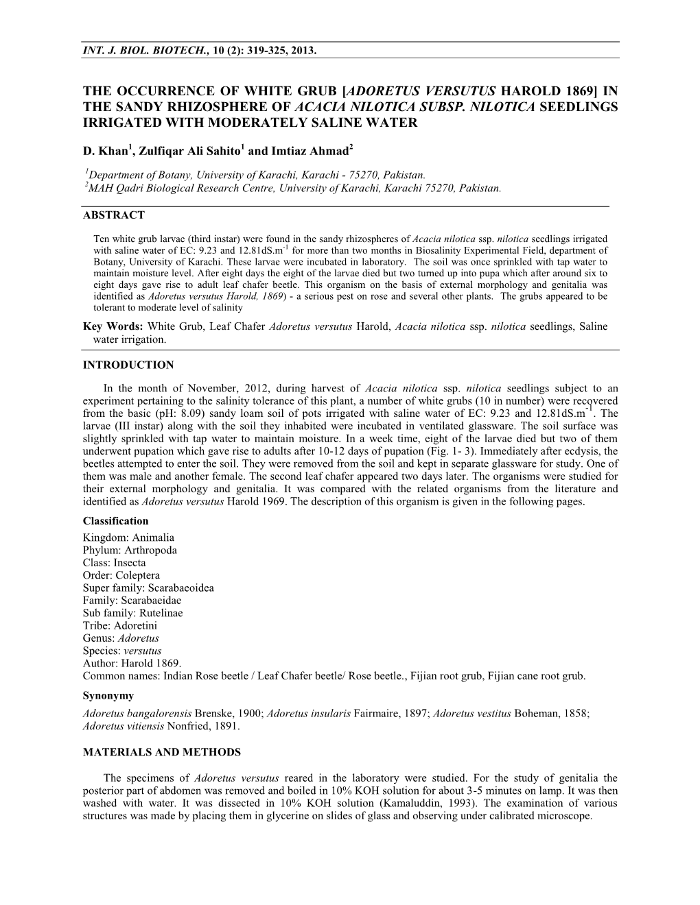 Adoretus Versutus Harold 1869] in the Sandy Rhizosphere of Acacia Nilotica Subsp