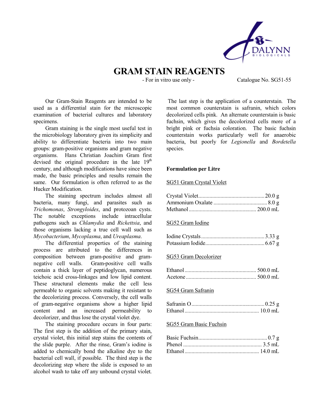 GRAM STAIN REAGENTS - for in Vitro Use Only - Catalogue No