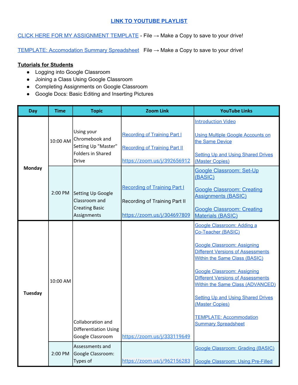 Google Classroom Assignment Template