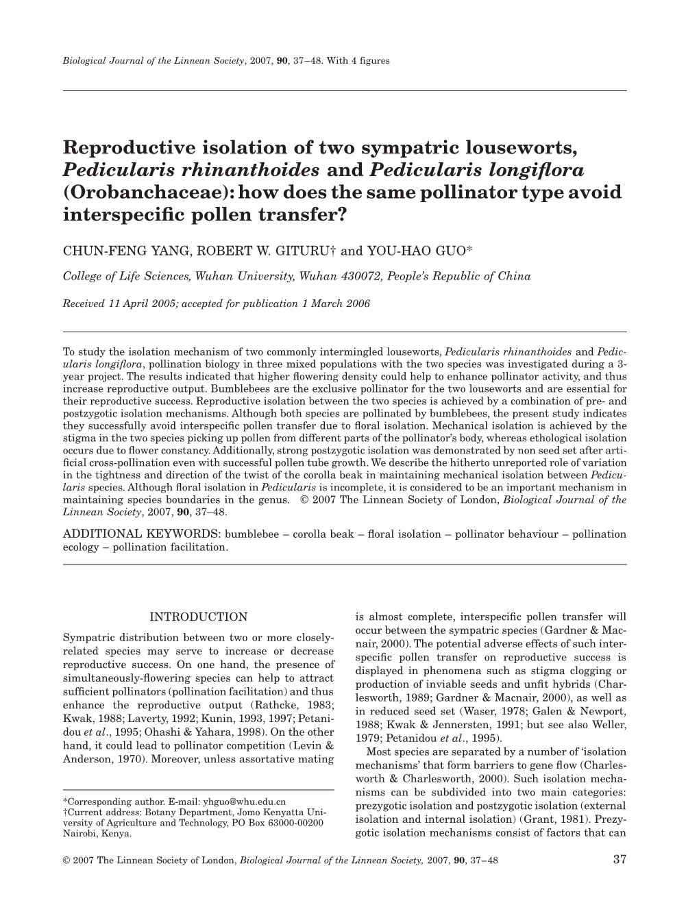 Reproductive Isolation of Two Sympatric Louseworts, Pedicularis