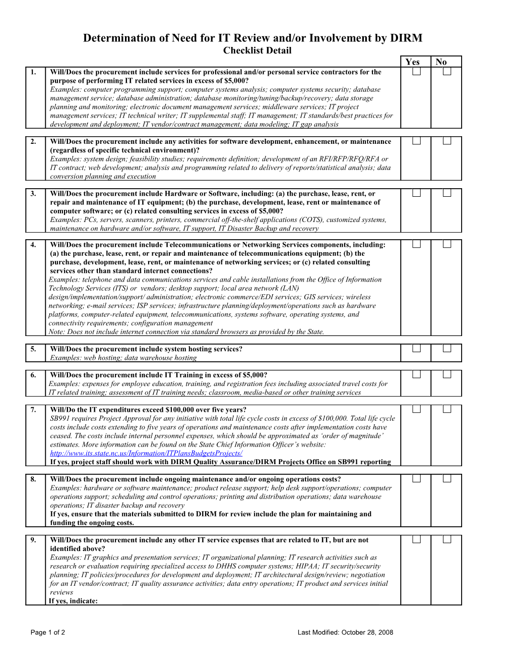 Determination of Need for IT Review And/Or Involvement by DIRM