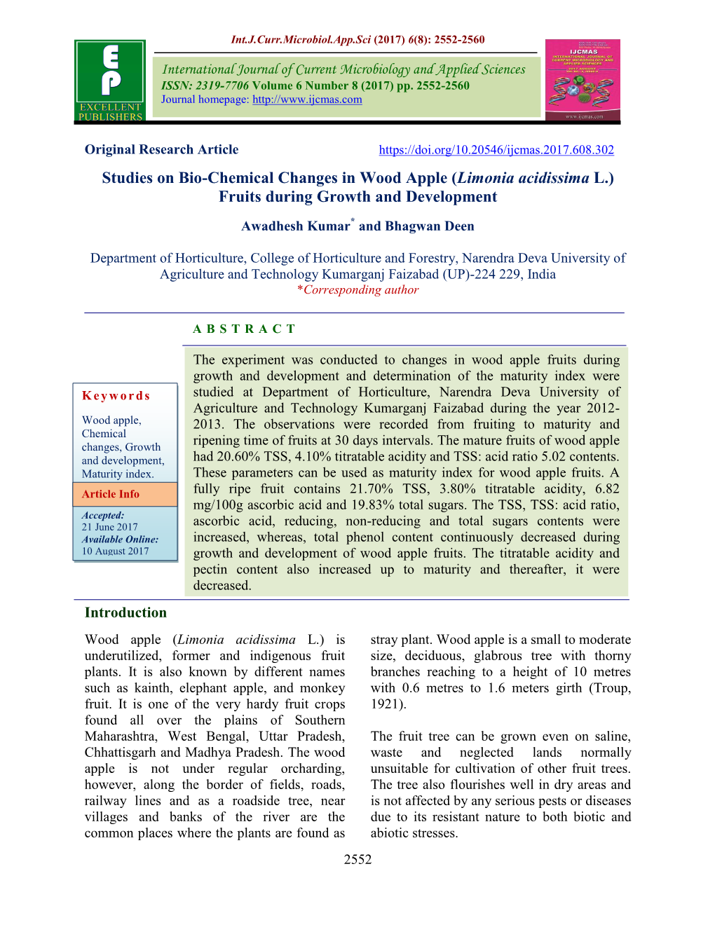 Studies on Bio-Chemical Changes in Wood Apple (Limonia Acidissima L.) Fruits During Growth and Development