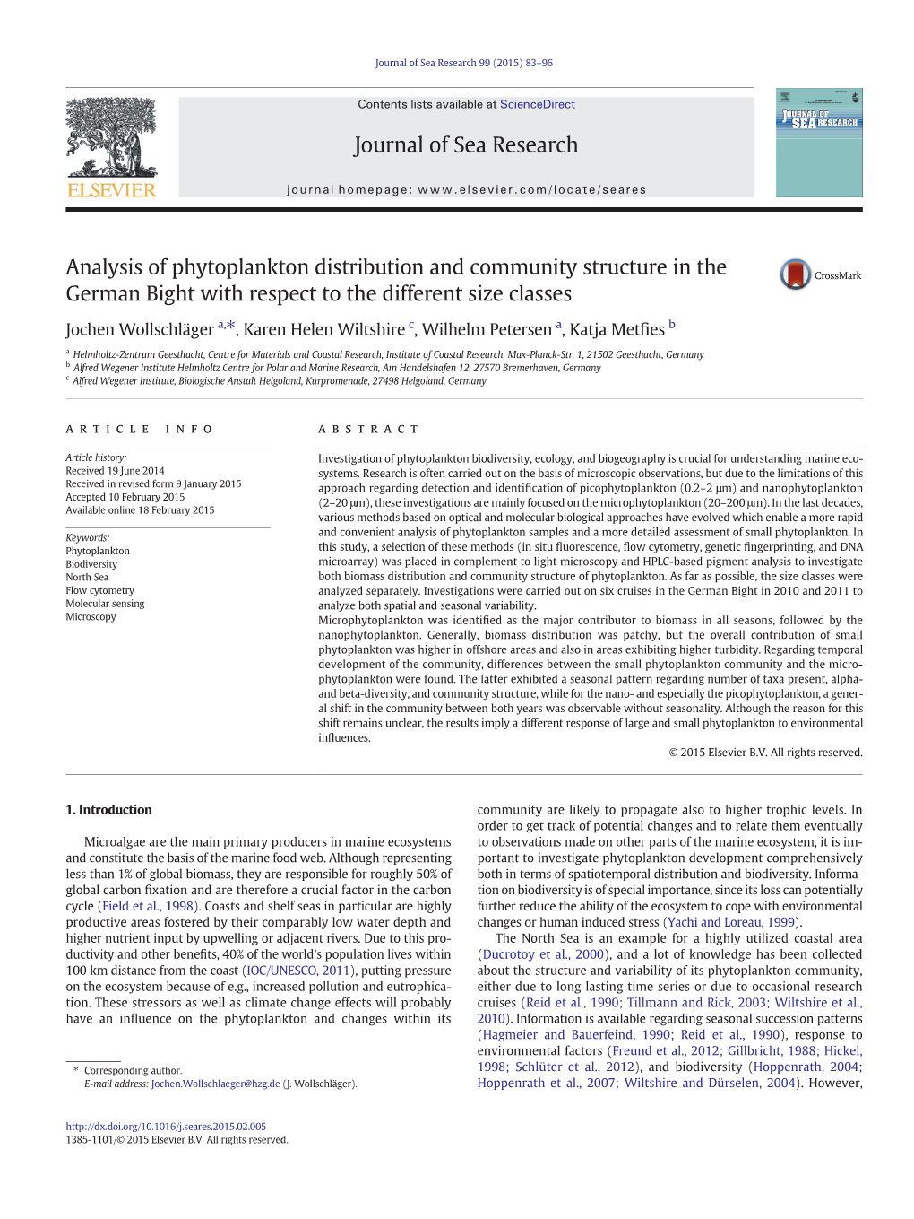 Analysis of Phytoplankton Distribution and Community Structure in the German Bight with Respect to the Different Size Classes