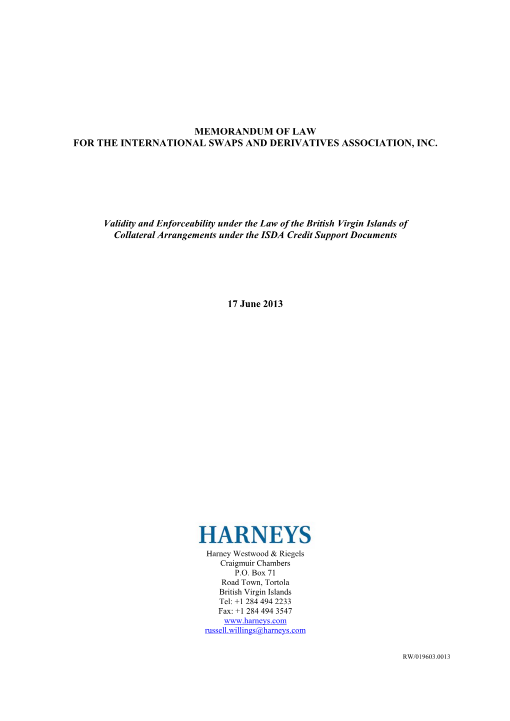 Memorandum of Law for the International Swaps and Derivatives Association, Inc