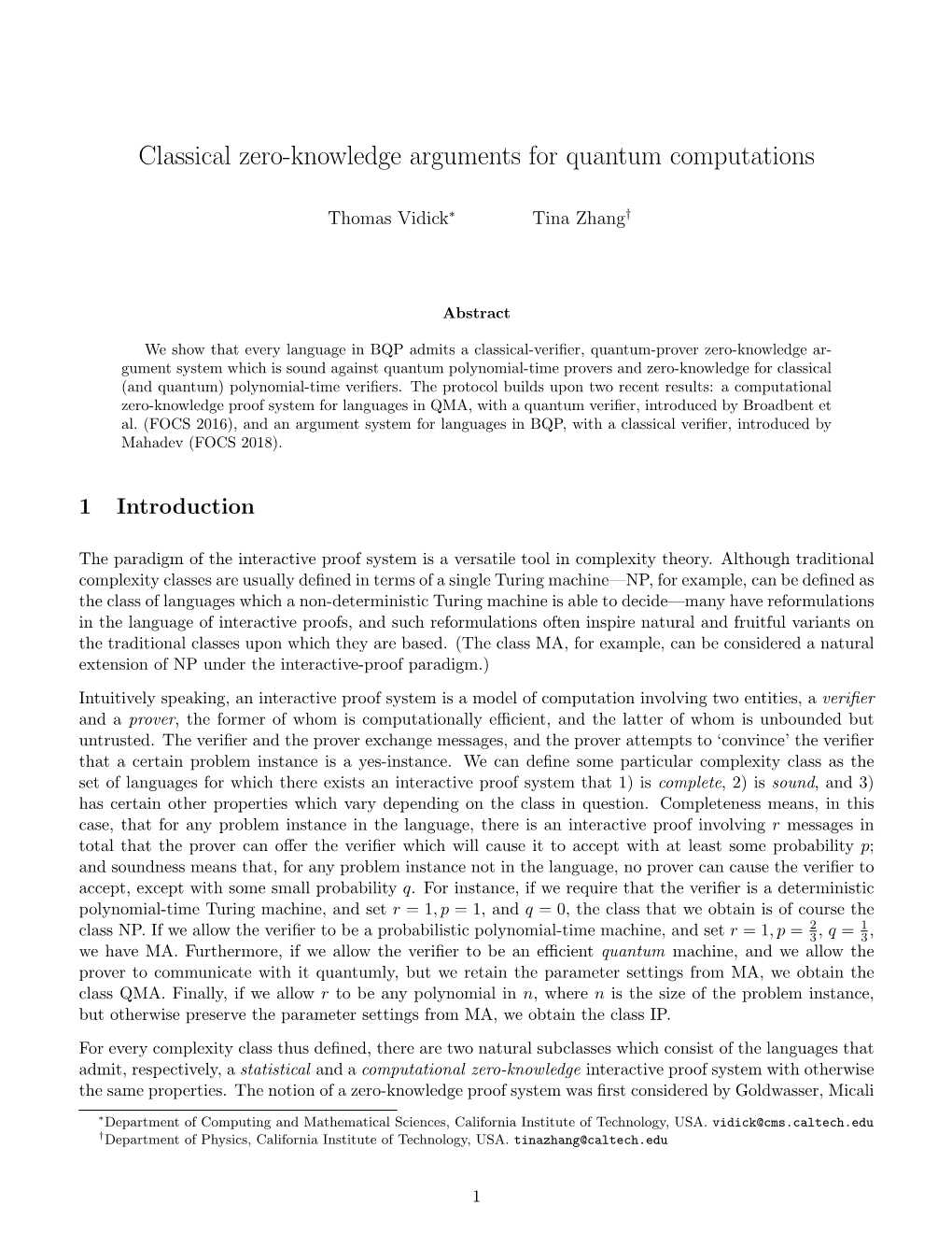 Classical Zero-Knowledge Arguments for Quantum Computations