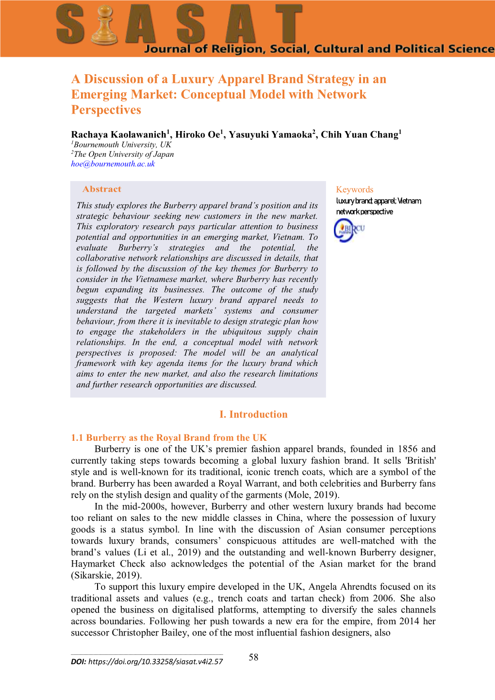 A Discussion of a Luxury Apparel Brand Strategy in an Emerging Market: Conceptual Model with Network Perspectives