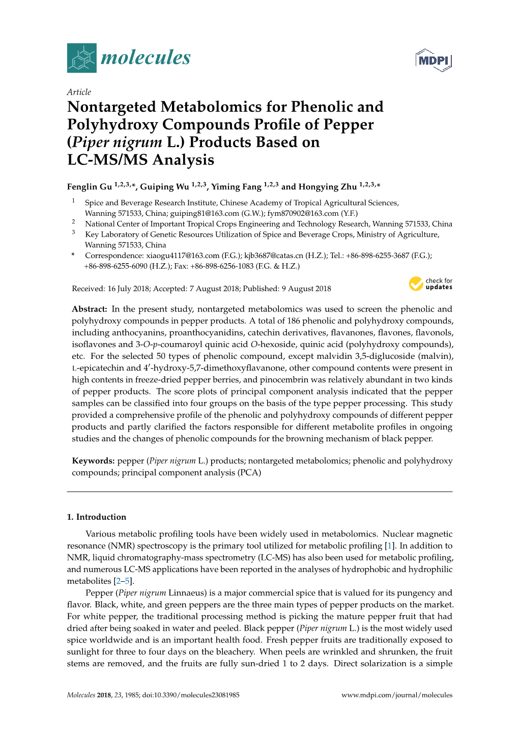 (Piper Nigrum L.) Products Based on LC-MS/MS Analysis