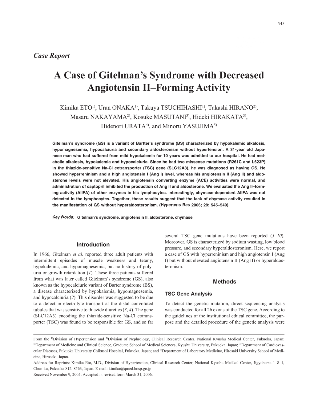 A Case of Gitelman's Syndrome with Decreased Angiotensin II–Forming Activity