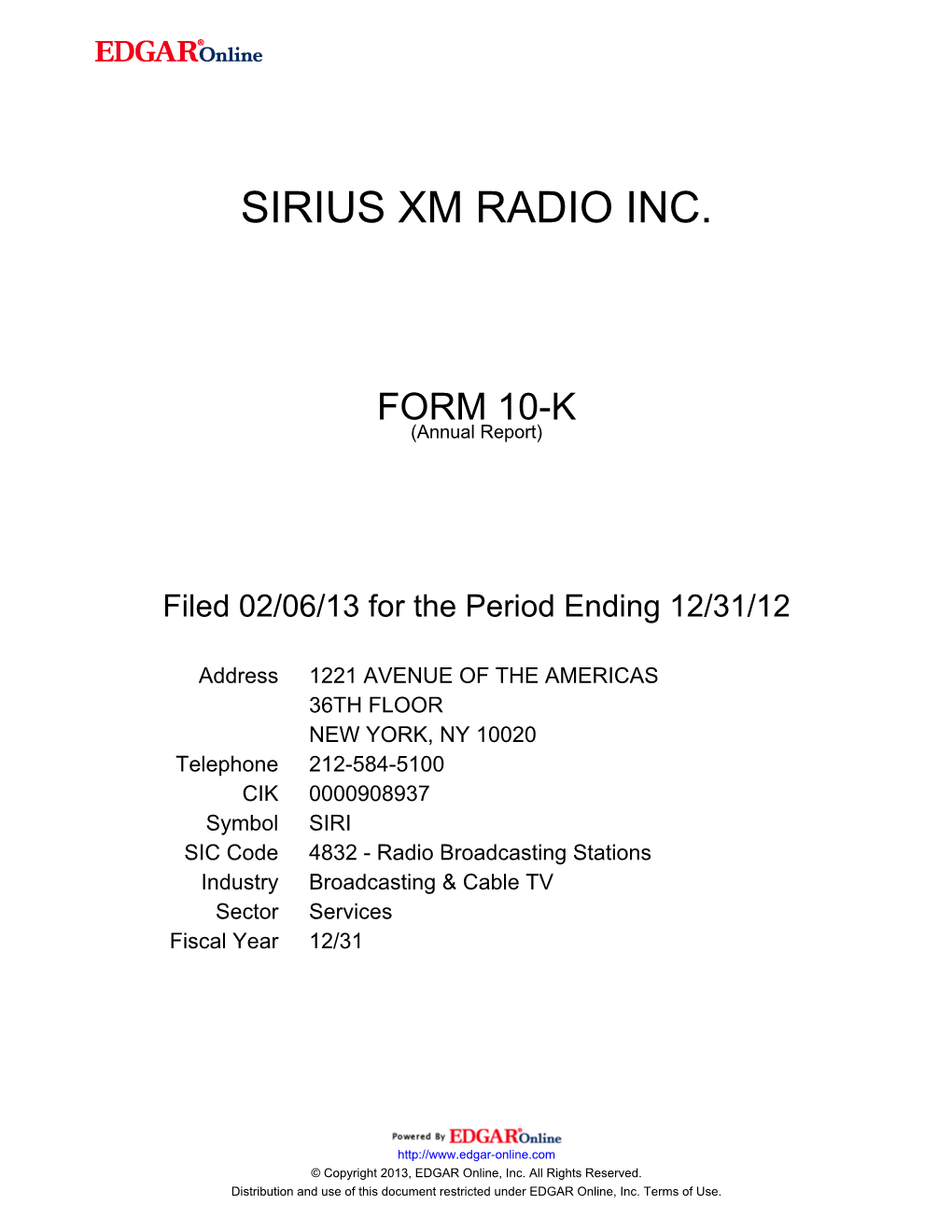 Sirius Xm Radio Inc