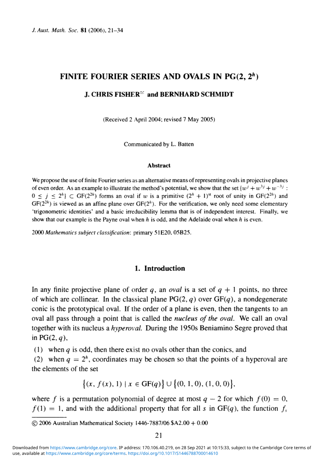 FINITE FOURIER SERIES and OVALS in PG(2, 2H)