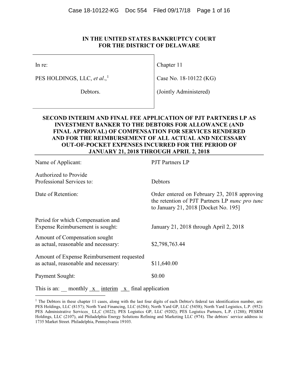 Chapter 11 PES HOLDINGS, LLC, Et Al.,1 Case No. 18-101