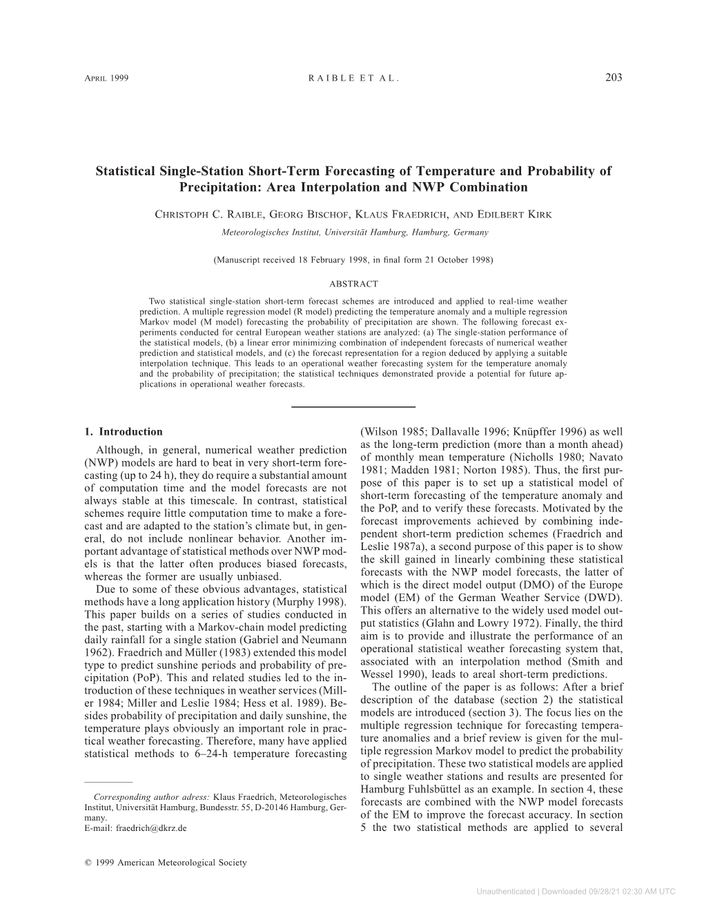 Statistical Single-Station Short-Term Forecasting of Temperature and Probability of Precipitation: Area Interpolation and NWP Combination