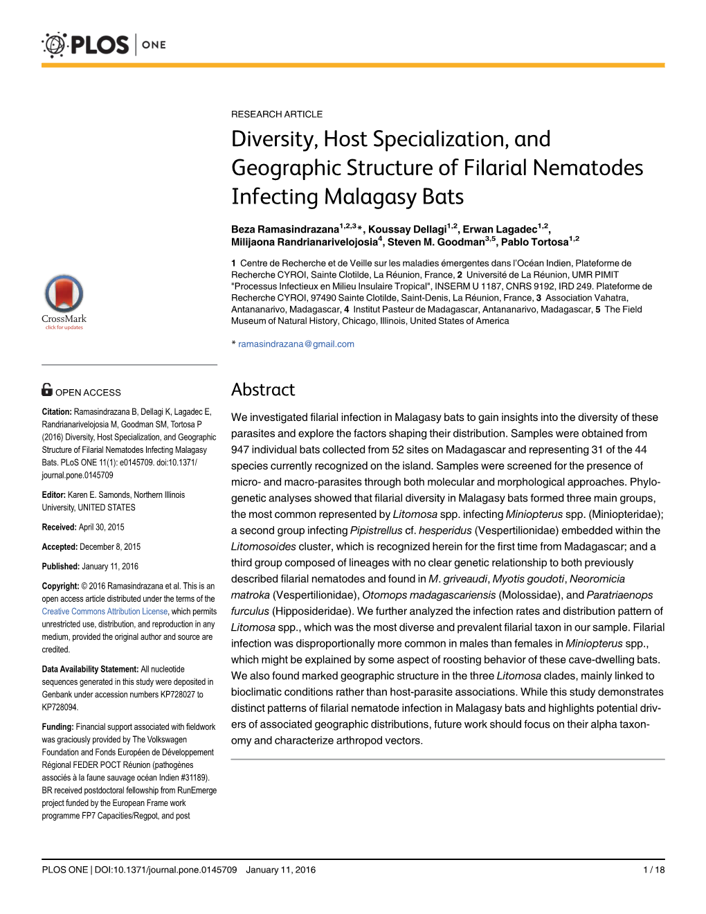 Diversity, Host Specialization, and Geographic Structure of Filarial Nematodes Infecting Malagasy Bats