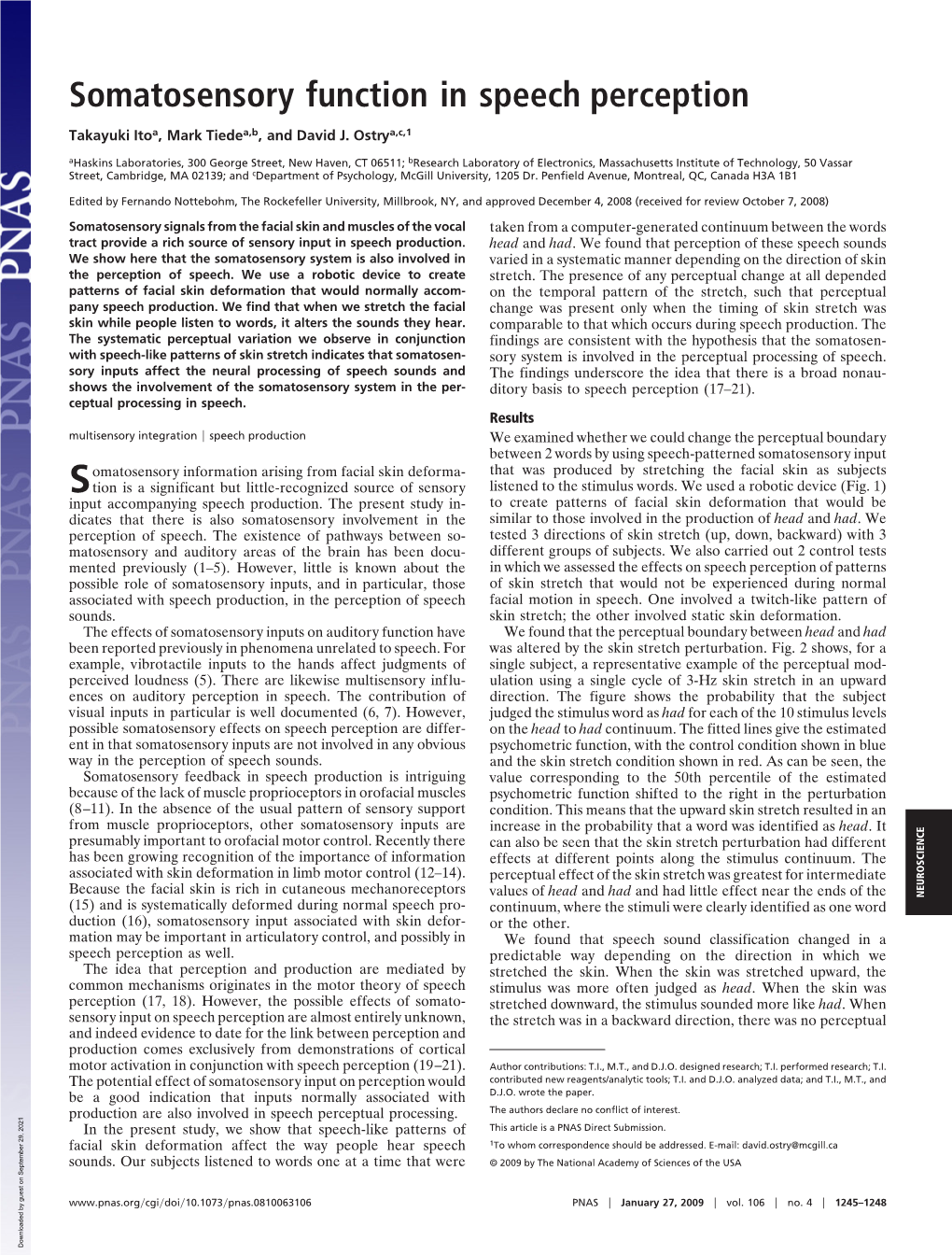 Somatosensory Function in Speech Perception