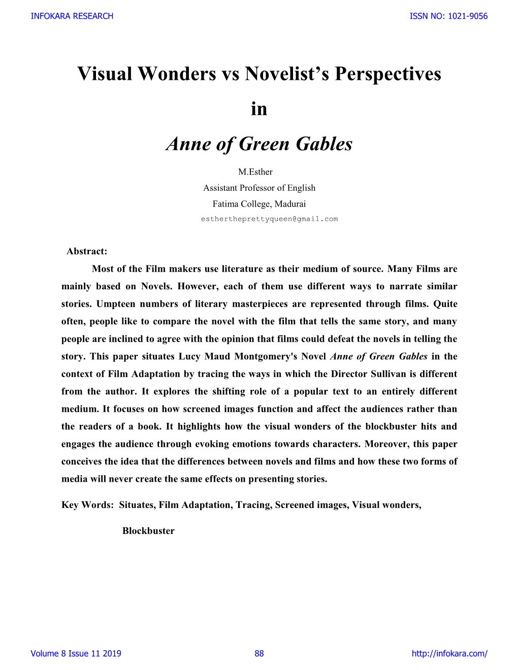 Visual Wonders Vs Novelist's Perspectives in Anne of Green Gables