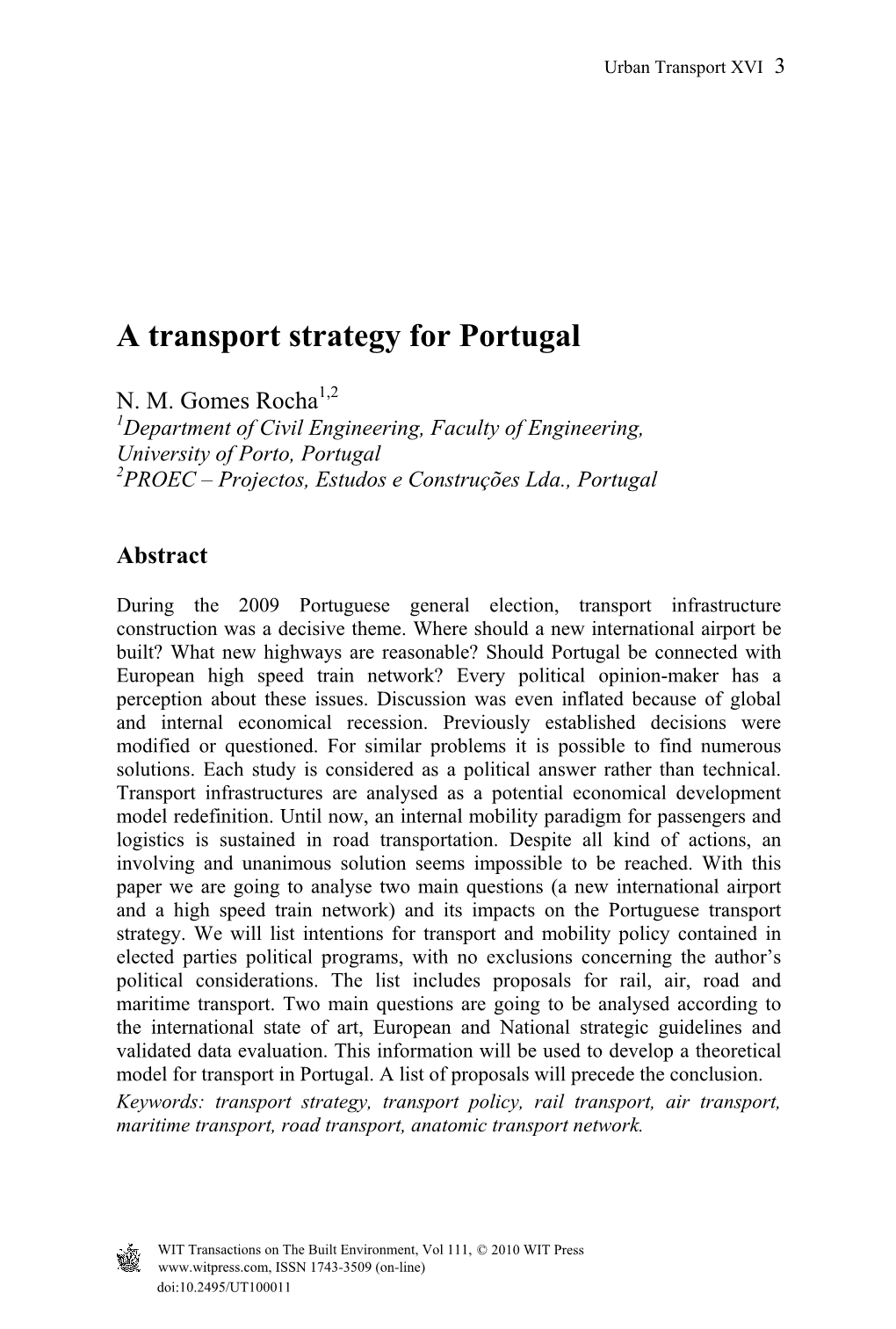 A Transport Strategy for Portugal
