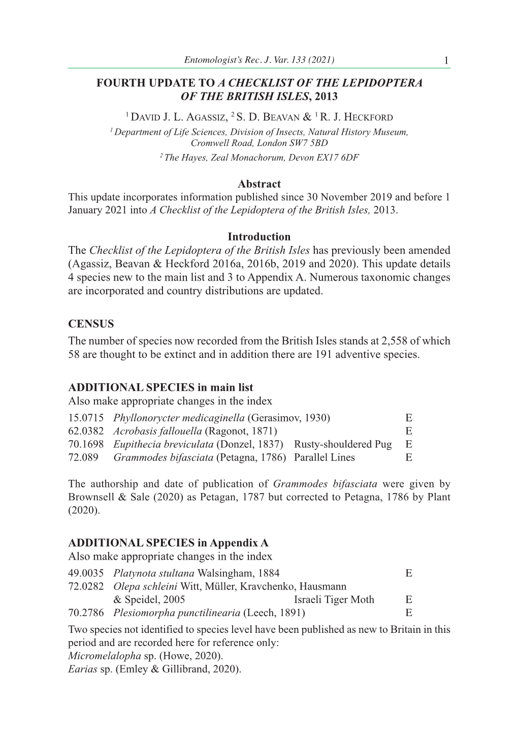 FOURTH UPDATE to a CHECKLIST of the LEPIDOPTERA of the BRITISH ISLES , 2013 1 David J