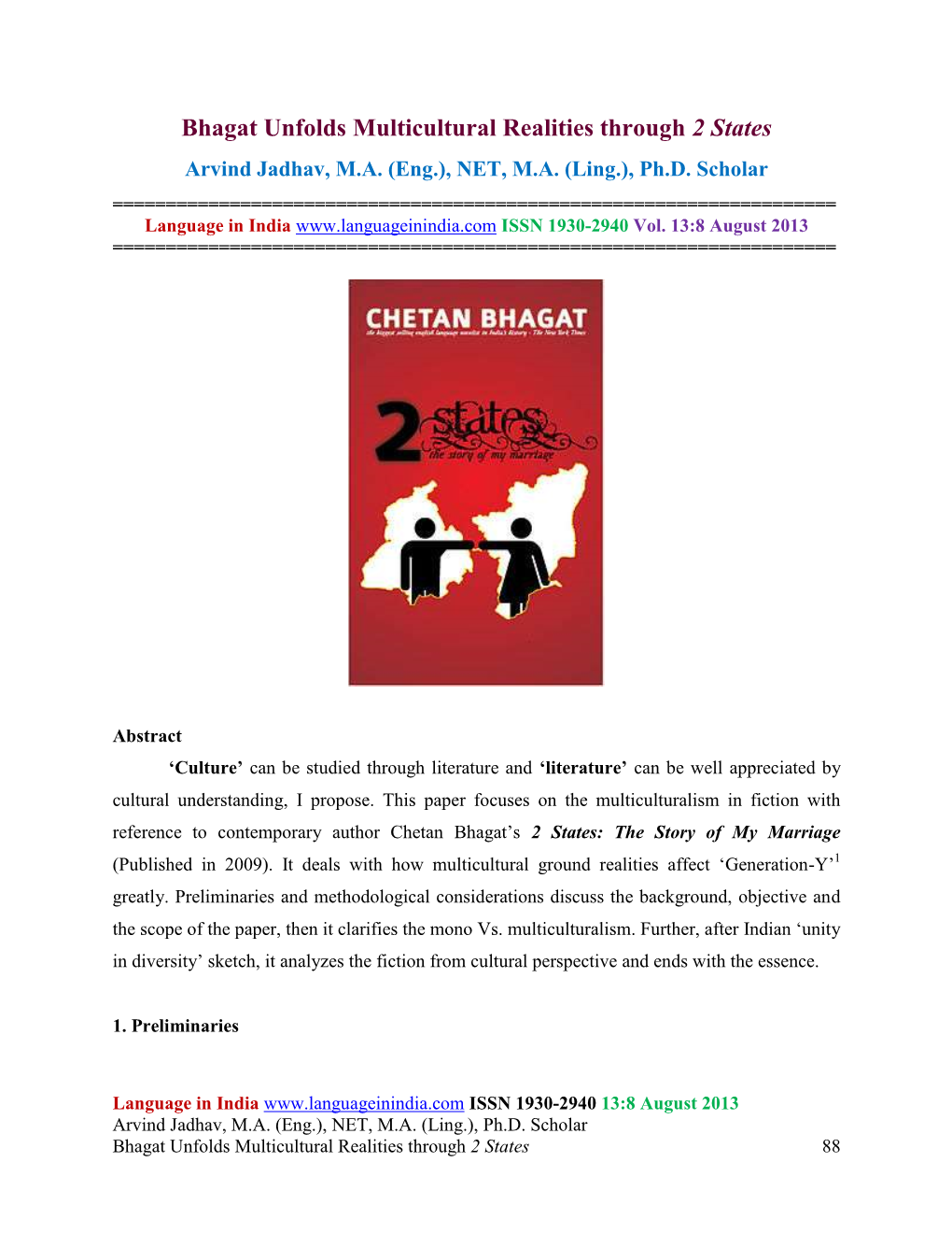 Bhagat Unfolds Multicultural Realities Through 2 States Arvind Jadhav, M.A