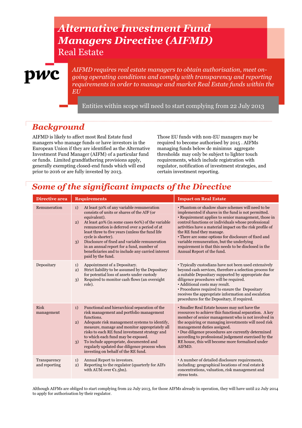 Alternative Investment Fund Managers Directive (AIFMD) Real Estate