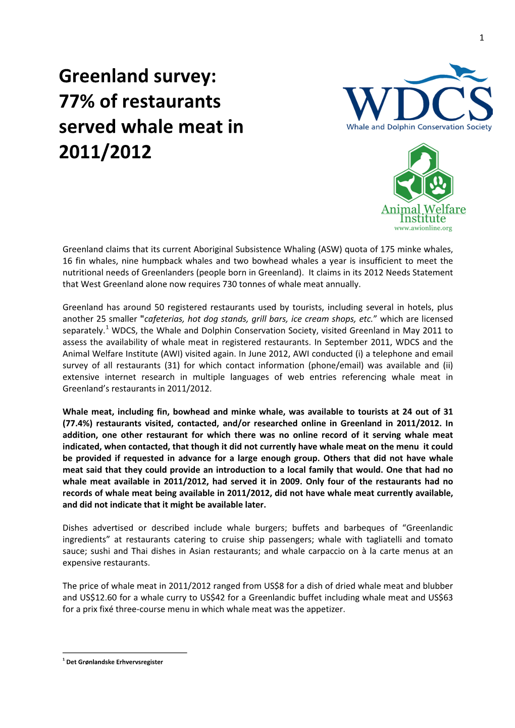 Report on the Availability of Whale Meat in Greenland