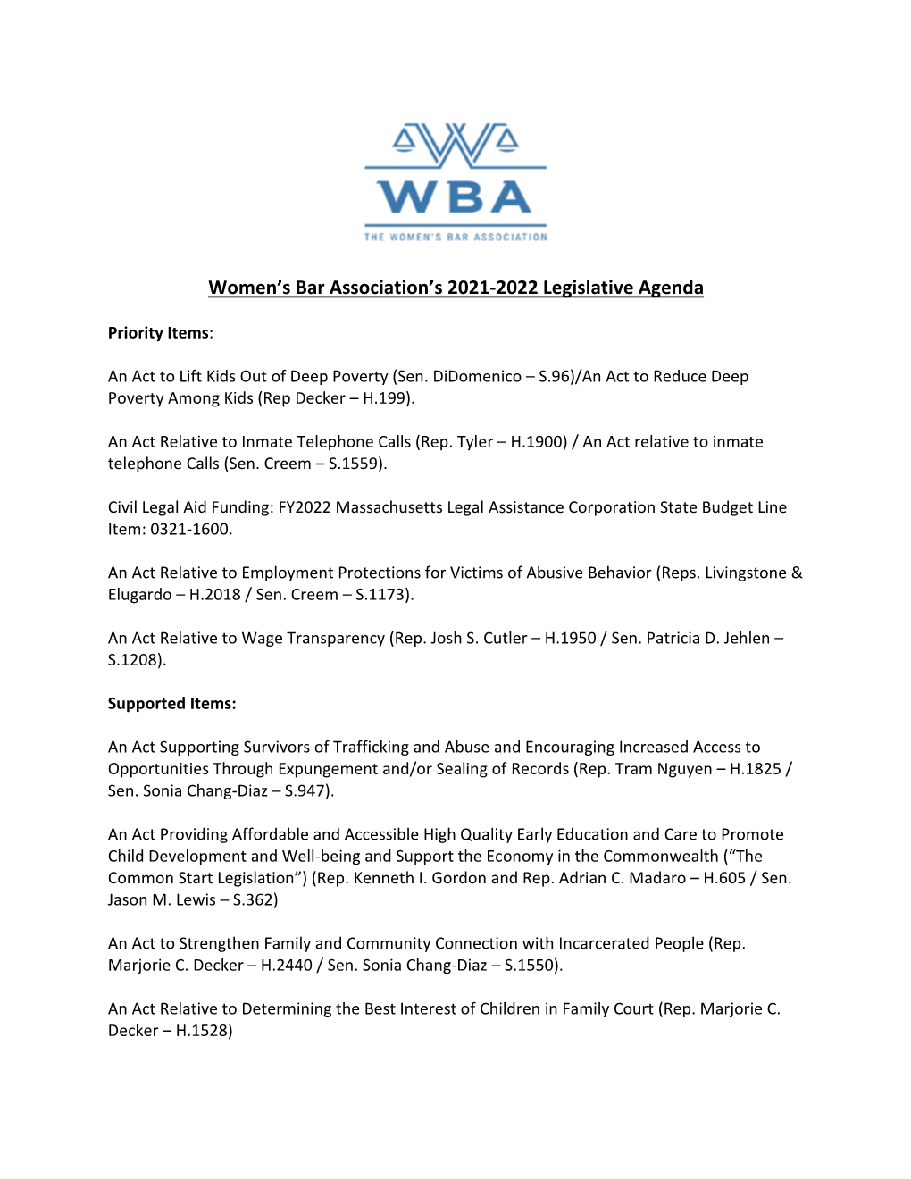 Women's Bar Association's 2021-2022 Legislative Agenda