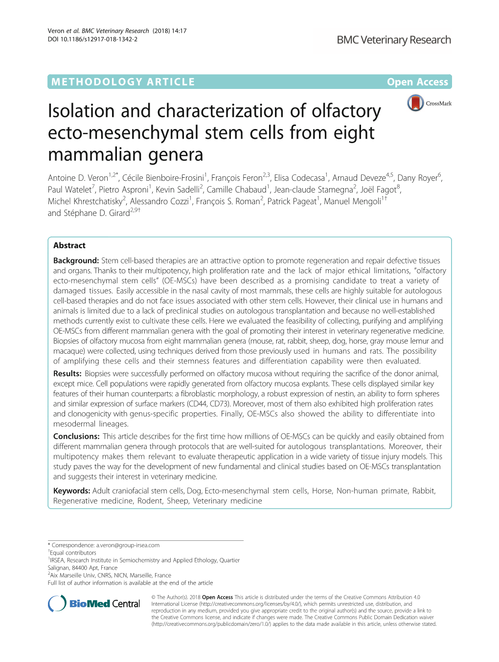 Isolation and Characterization of Olfactory Ecto-Mesenchymal Stem Cells from Eight Mammalian Genera Antoine D