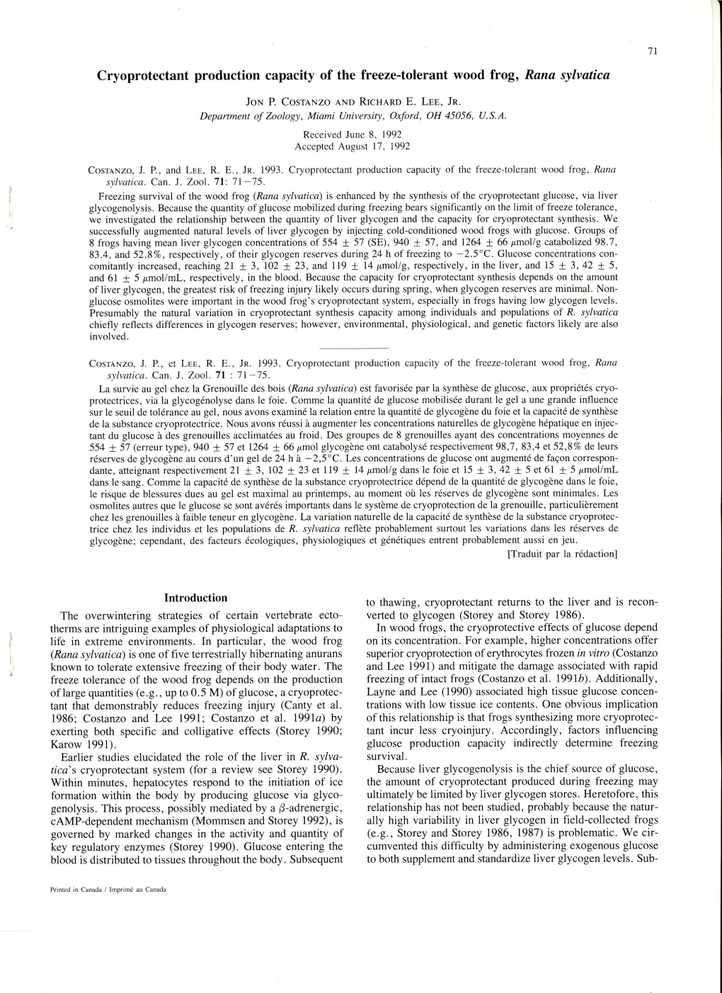 Cryoprotectant Production Capacity of the Freeze-Tolerant Wood Frog, Rana Sylvatica