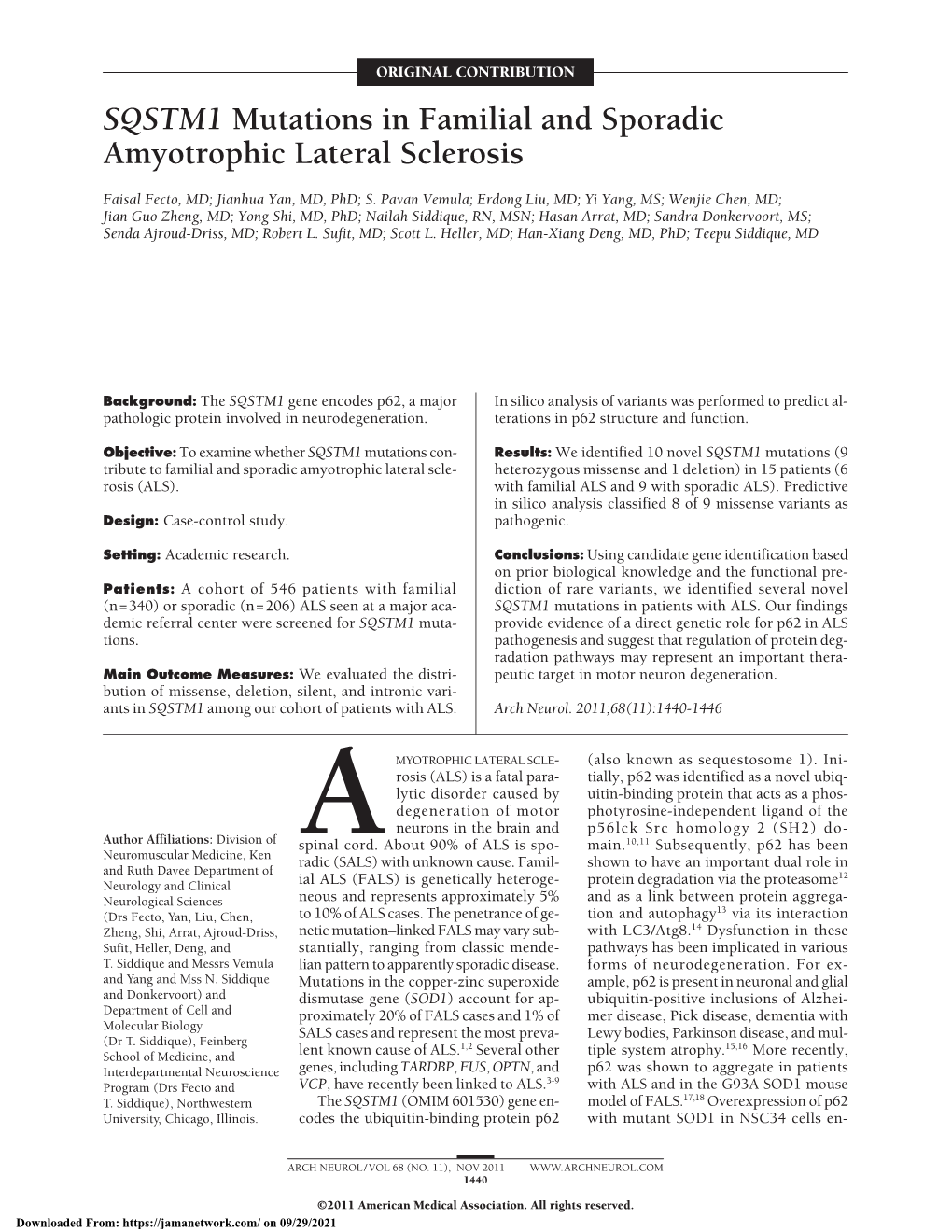 SQSTM1 Mutations in Familial and Sporadic Amyotrophic Lateral Sclerosis