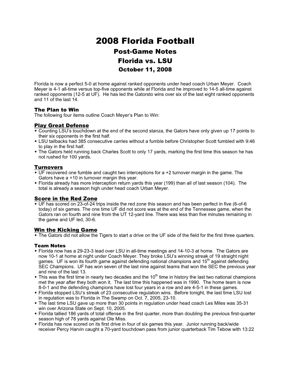 2008 Florida Football Post-Game Notes Florida Vs