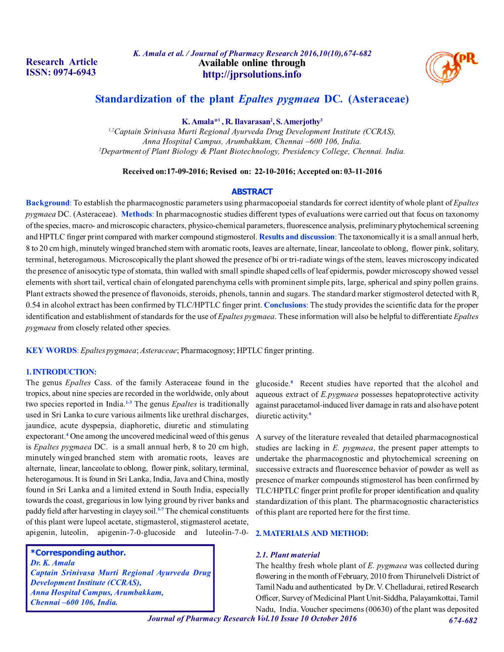 Standardization of the Plant Epaltes Pygmaea DC. (Asteraceae)