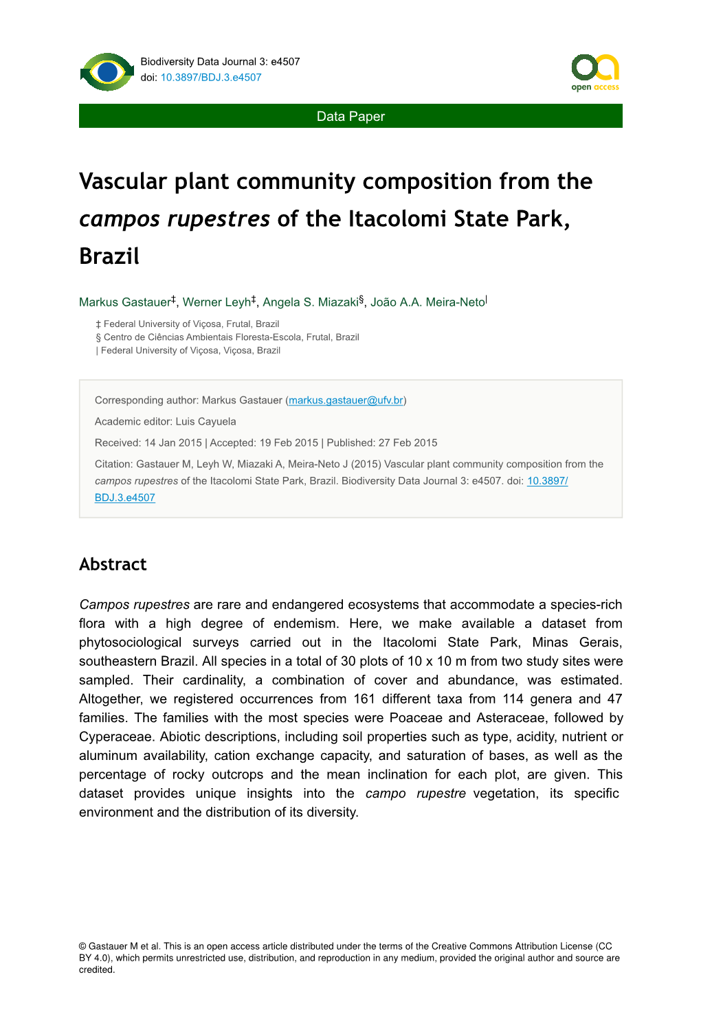 Vascular Plant Community Composition from the Campos Rupestres of the Itacolomi State Park, Brazil