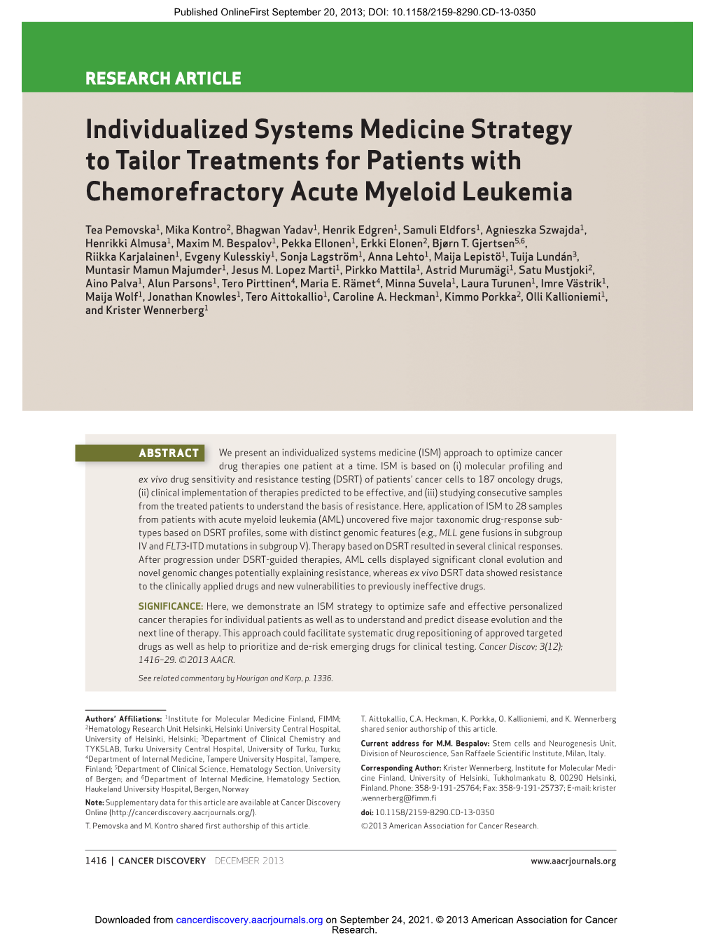 Individualized Systems Medicine Strategy to Tailor Treatments for Patients with Chemorefractory Acute Myeloid Leukemia