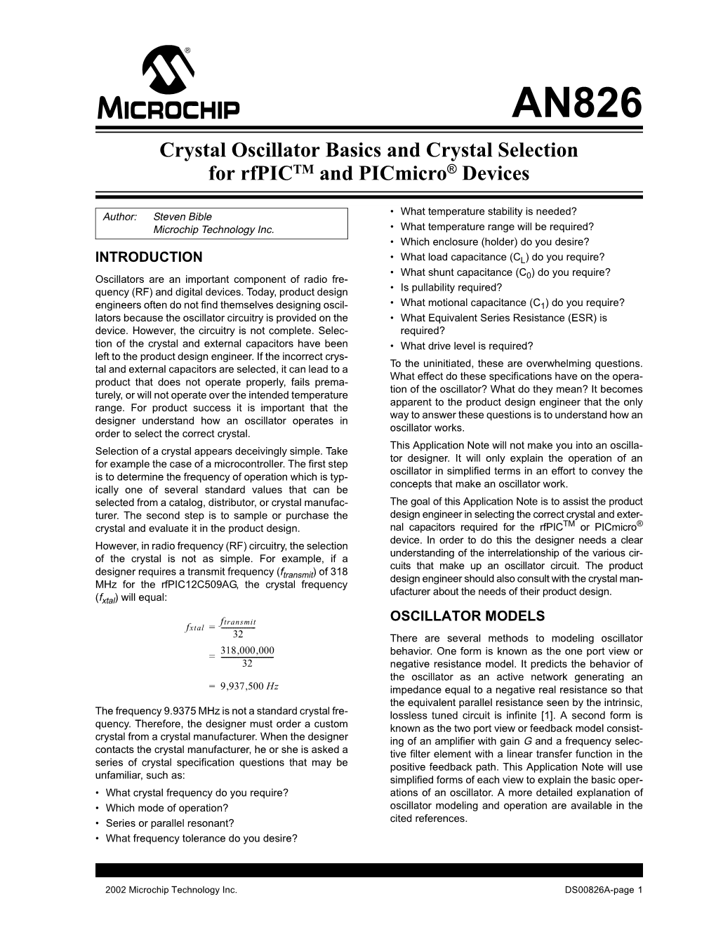 AN826 Crystal Oscillator Basics and Crystal Selection for Rfpic™ And