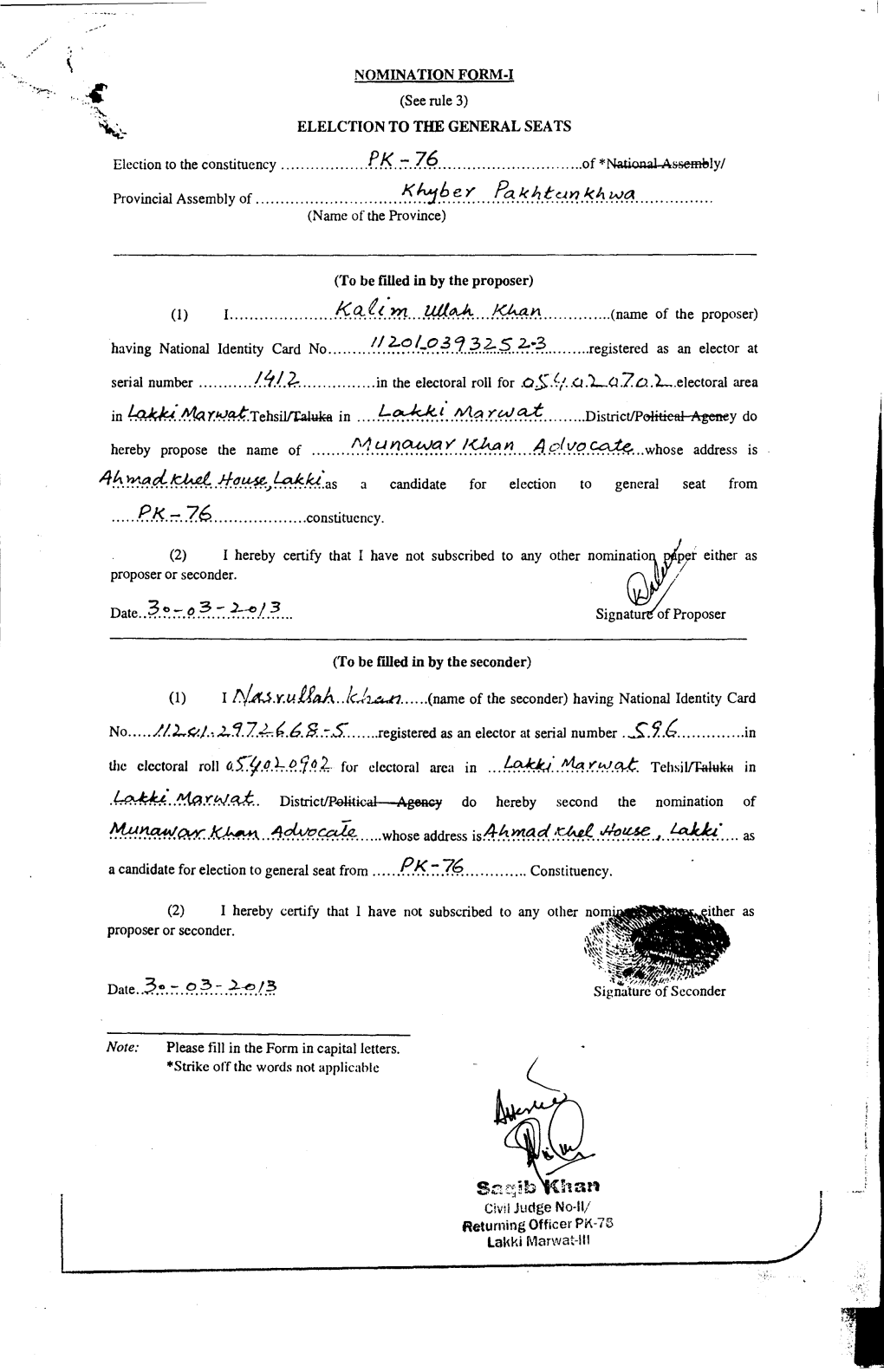 NOMINATION FORM-I (See Rule 3) ELELCTION to the GENERAL SEATS