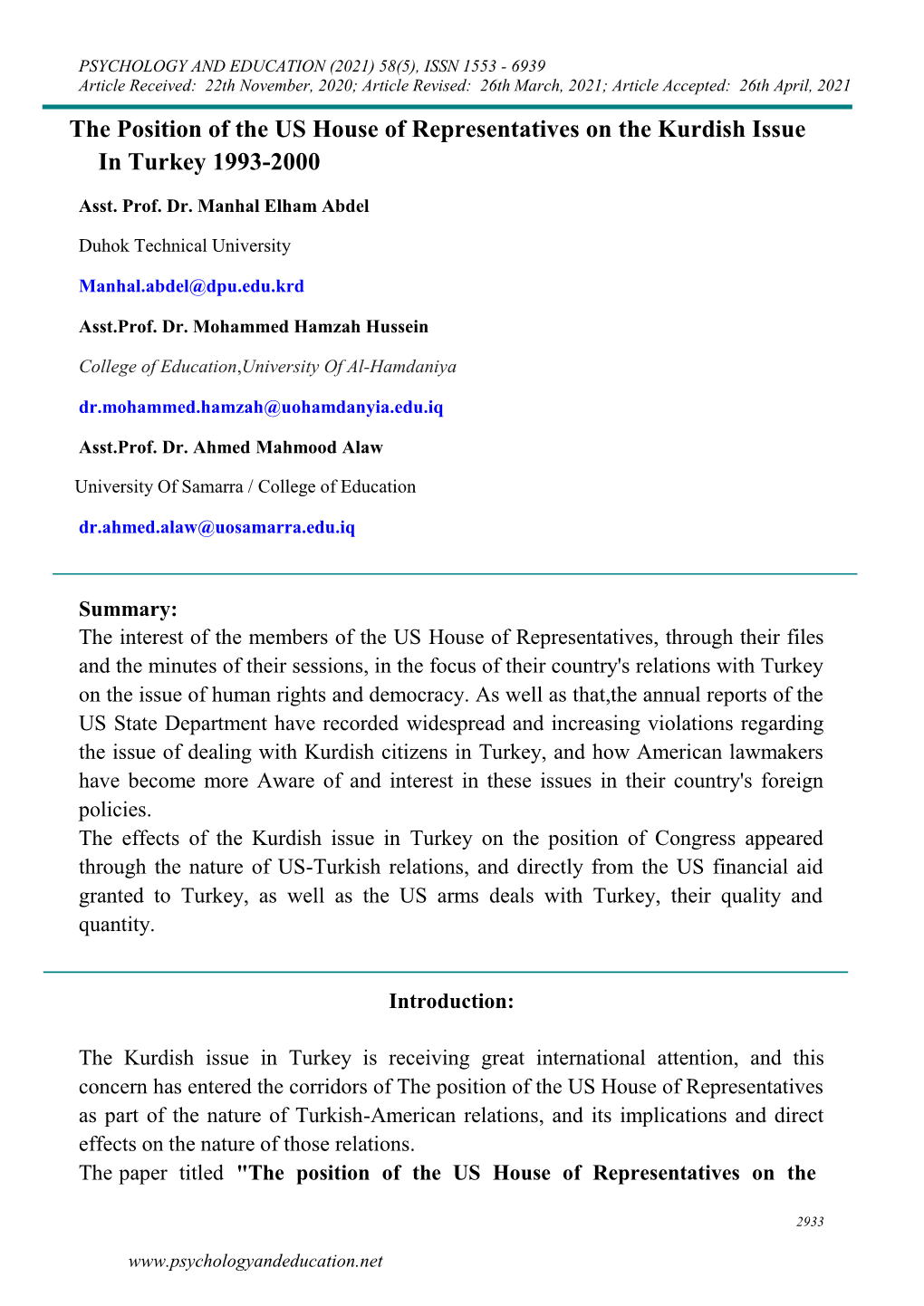 The Position of the US House of Representatives on the Kurdish Issue in Turkey 1993-2000