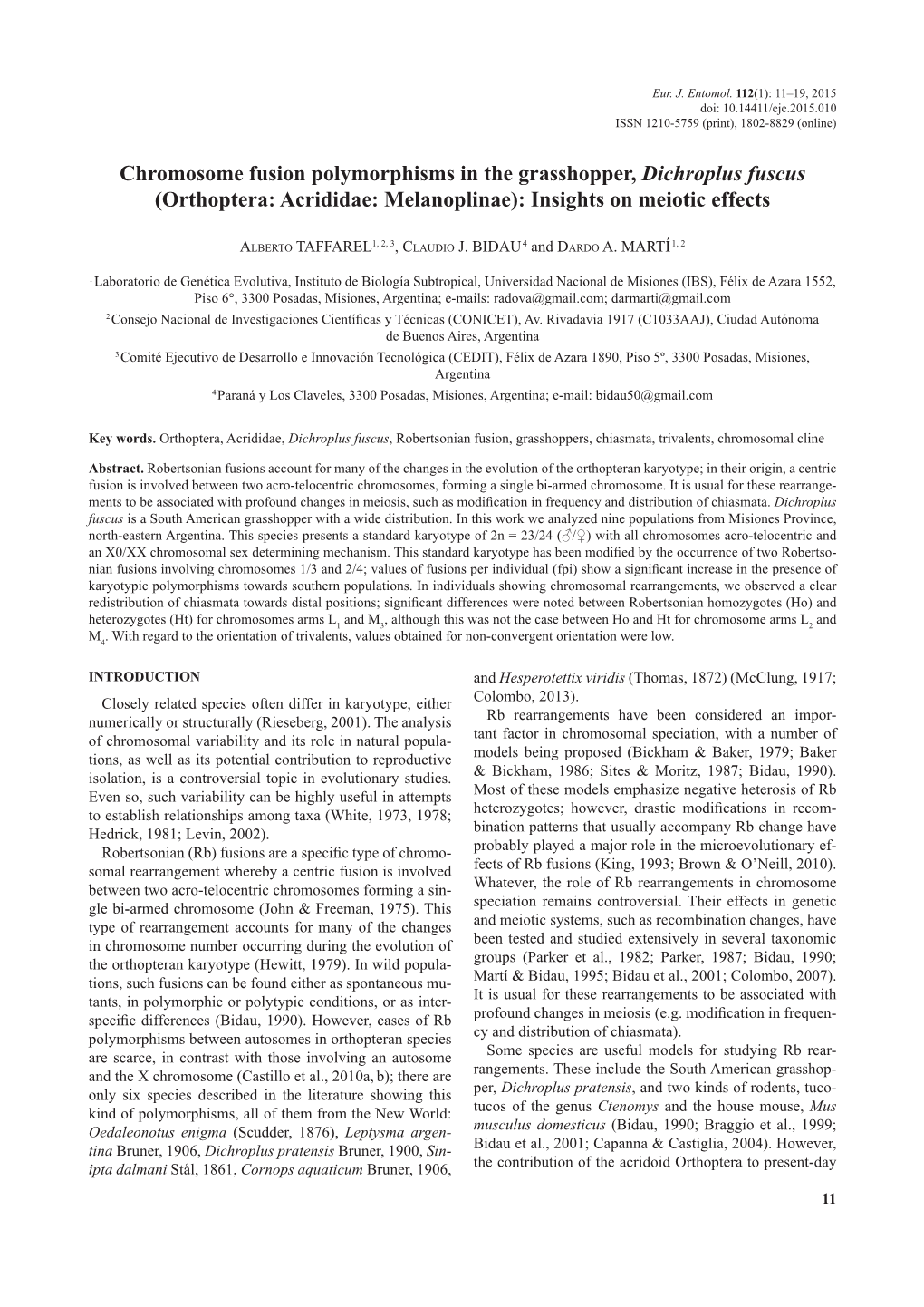 Chromosome Fusion Polymorphisms in the Grasshopper, Dichroplus Fuscus (Orthoptera: Acrididae: Melanoplinae): Insights on Meiotic Effects