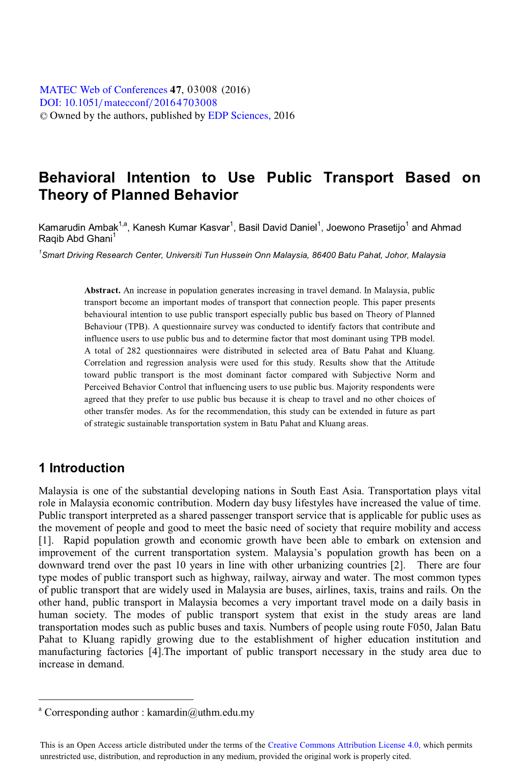 Behavioral Intention to Use Public Transport Based on Theory of Planned Behavior