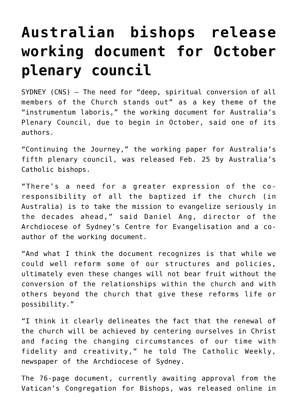 Australian Bishops Release Working Document for October Plenary Council