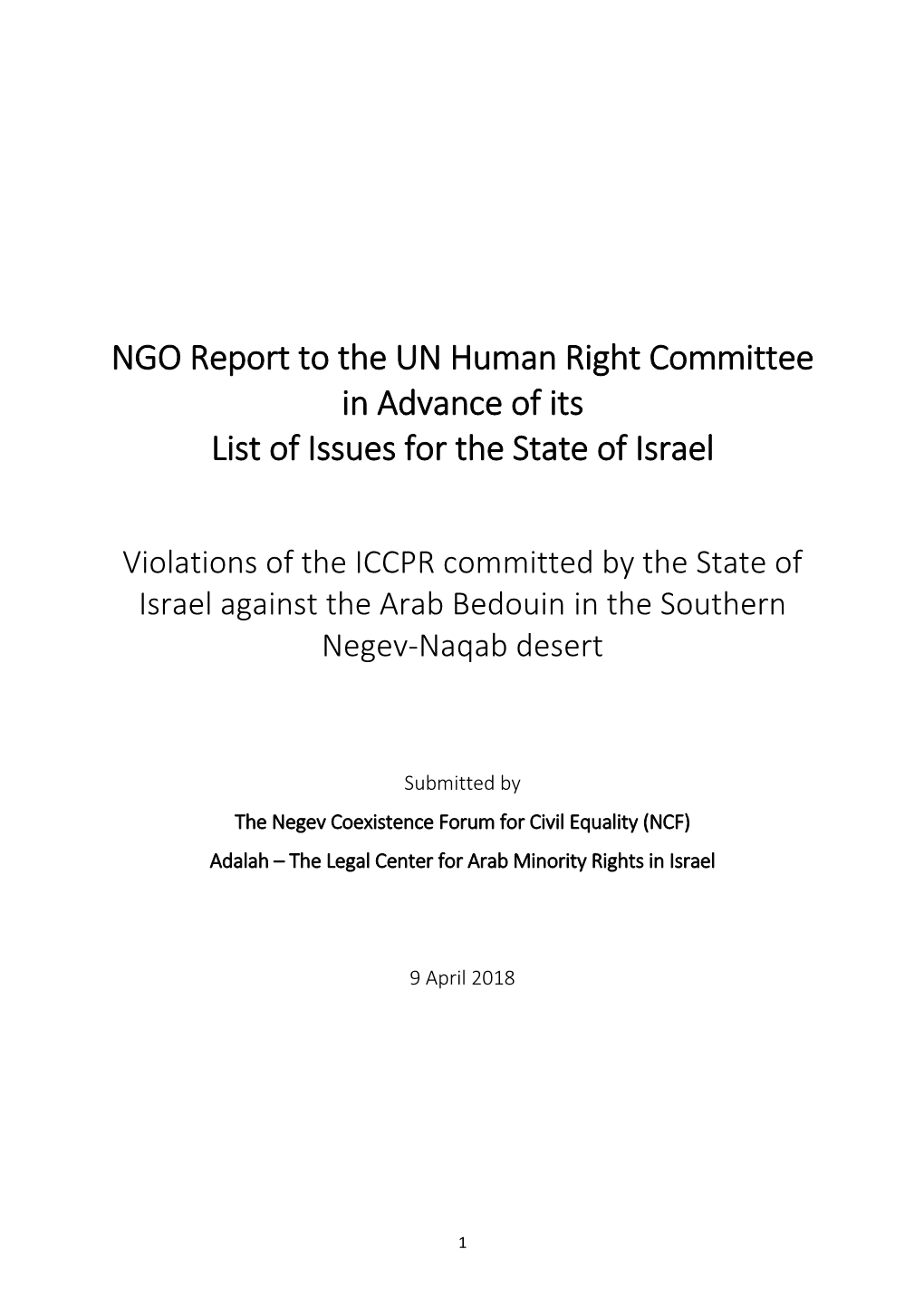 NGO Report to the UN Human Right Committee in Advance of Its List of Issues for the State of Israel