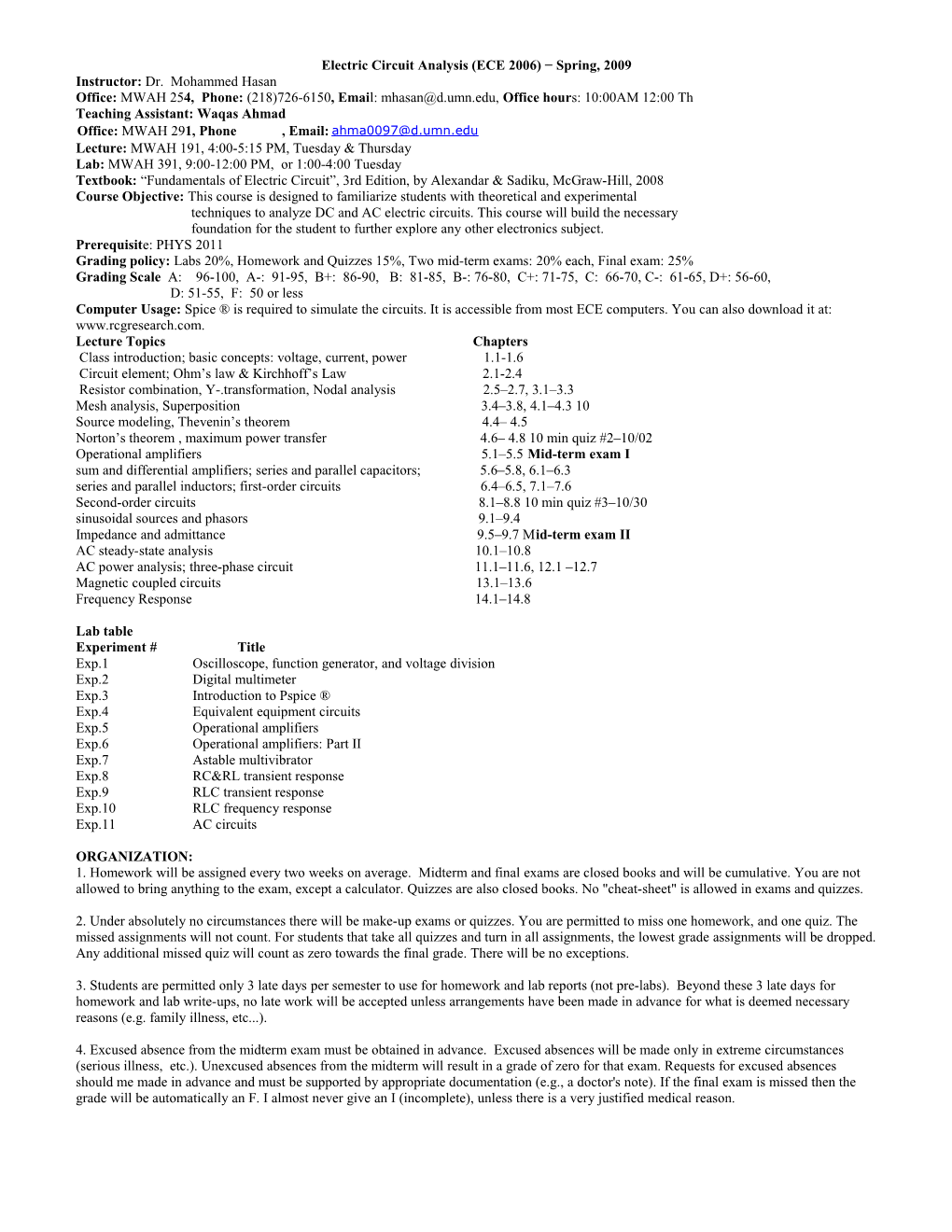 Electric Circuit Analysis (ECE 2006) Fall, 2007