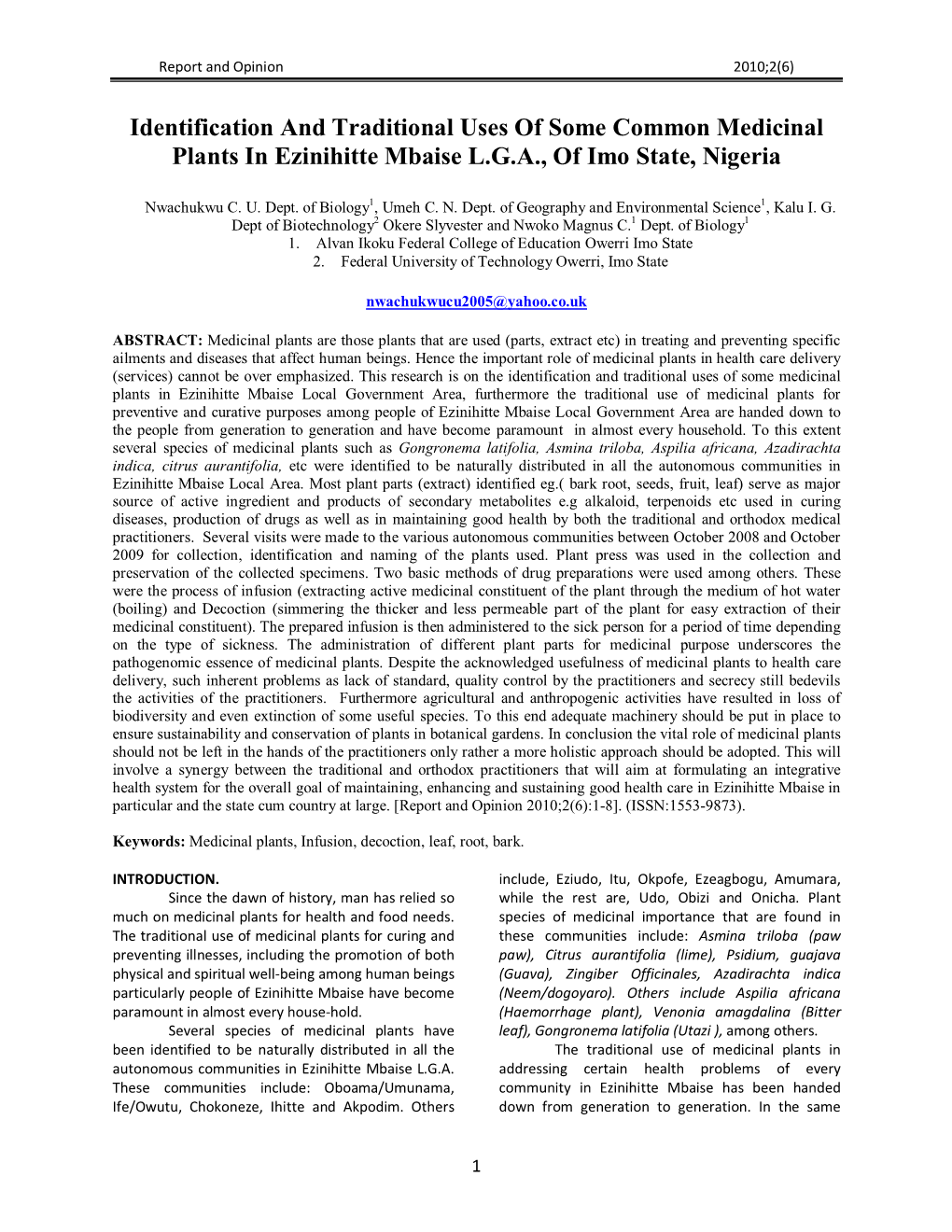 Identification and Traditional Uses of Some Common Medicinal Plants in Ezinihitte Mbaise L.G.A., of Imo State, Nigeria