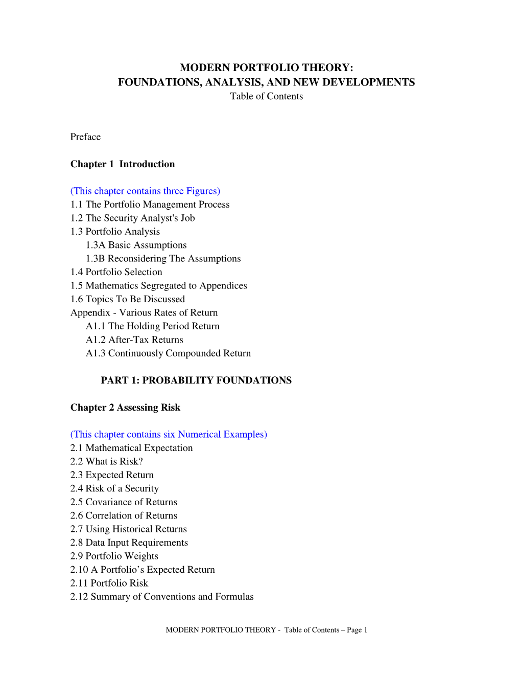 MODERN PORTFOLIO THEORY: FOUNDATIONS, ANALYSIS, and NEW DEVELOPMENTS Table of Contents