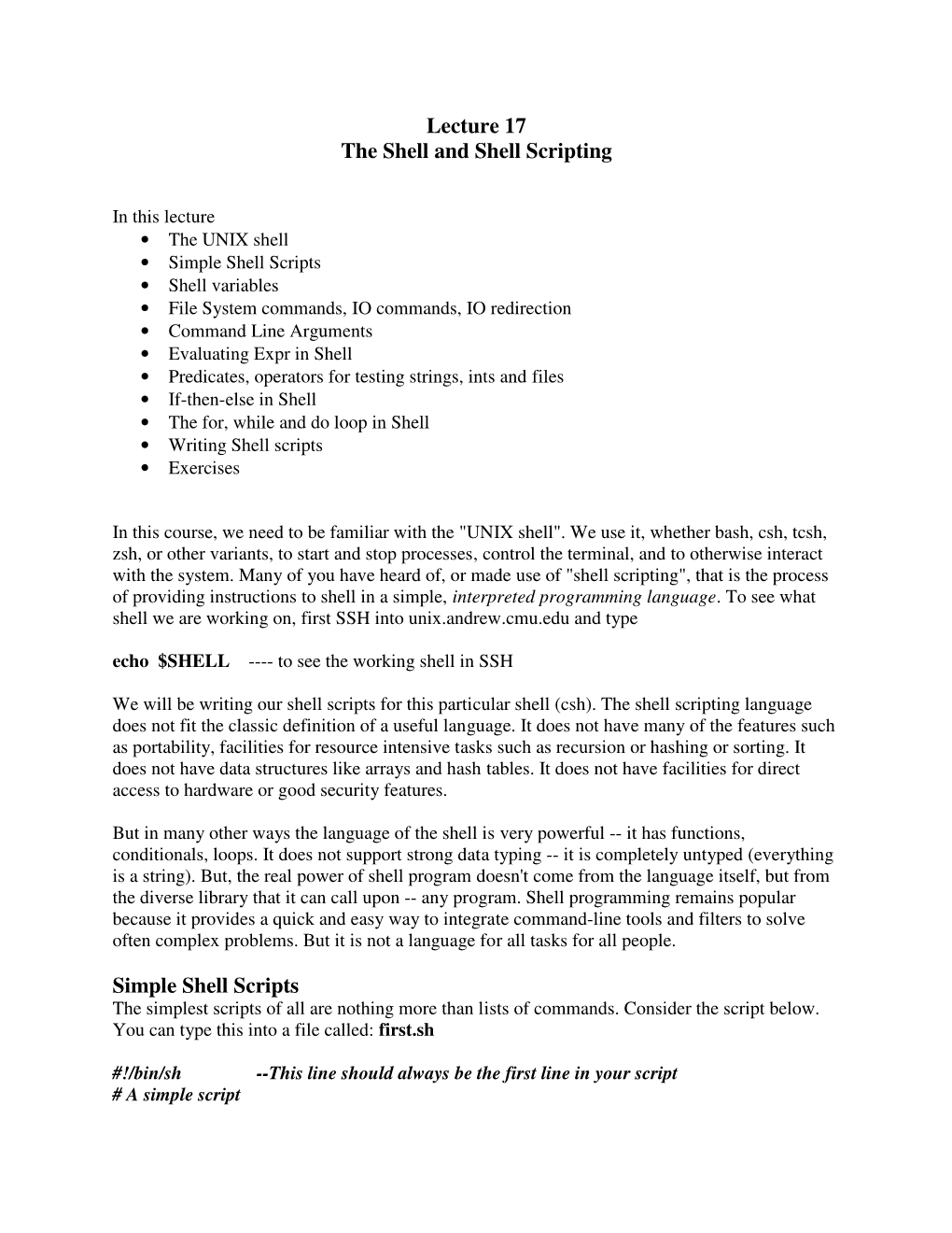 Lecture 17 the Shell and Shell Scripting Simple Shell Scripts