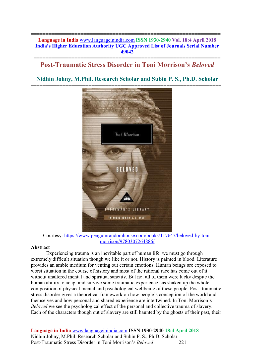 Post-Traumatic Stress Disorder in Toni Morrison's Beloved