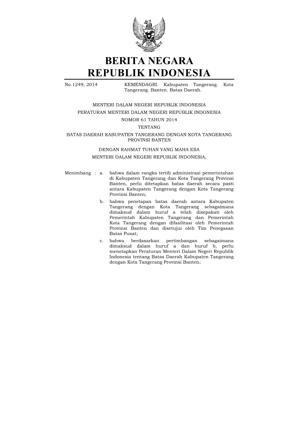 No.1249, 2014 KEMENDAGRI. Kabupaten Tangerang. Kota Tangerang