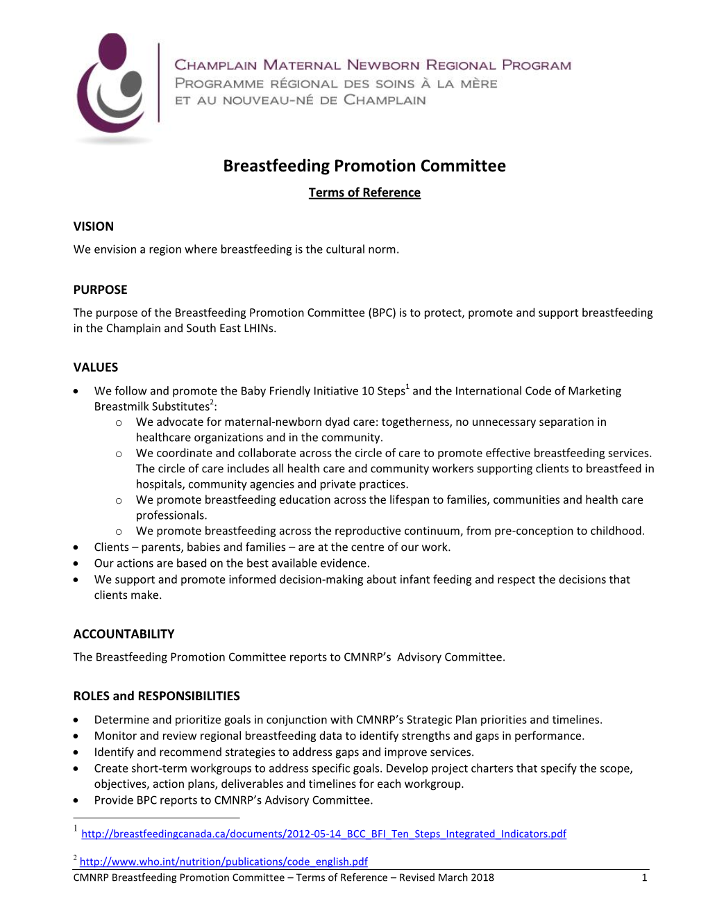 Breastfeeding Promotion Committee Terms of Reference