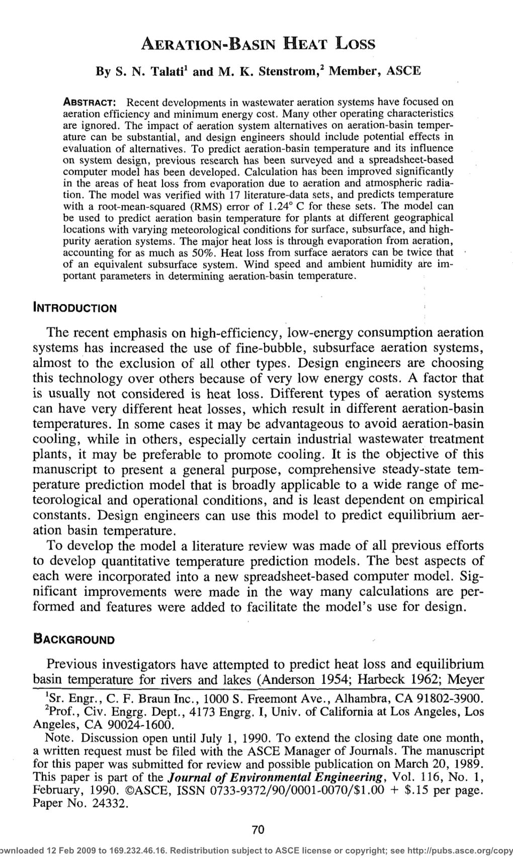 AERATION-BASIN HEAT LOSS by S. N. Talati1 and M. K. Stenstrom,2 Member, ASCE