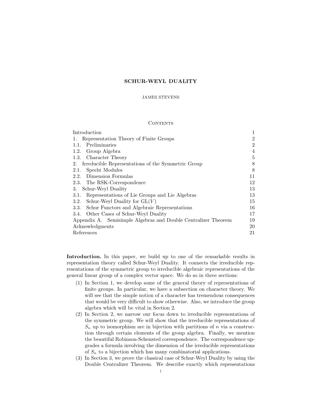 SCHUR-WEYL DUALITY Contents Introduction 1 1. Representation